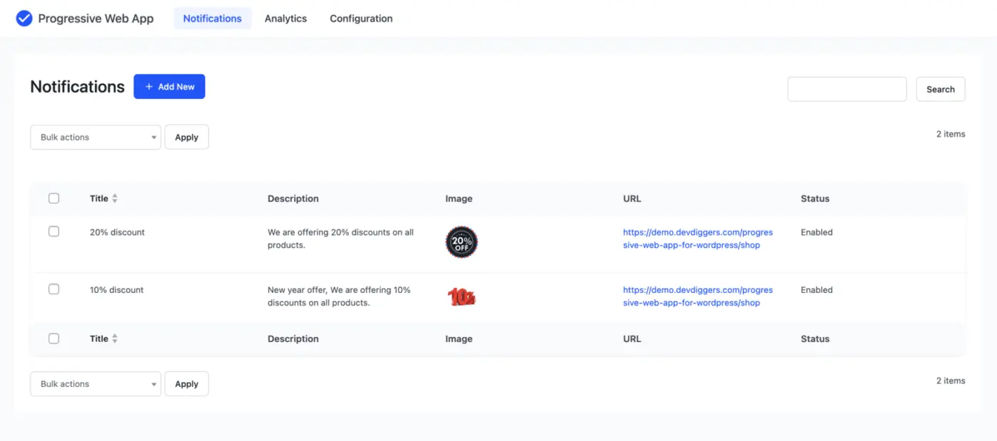Progressive Web App for WordPress Notifications List