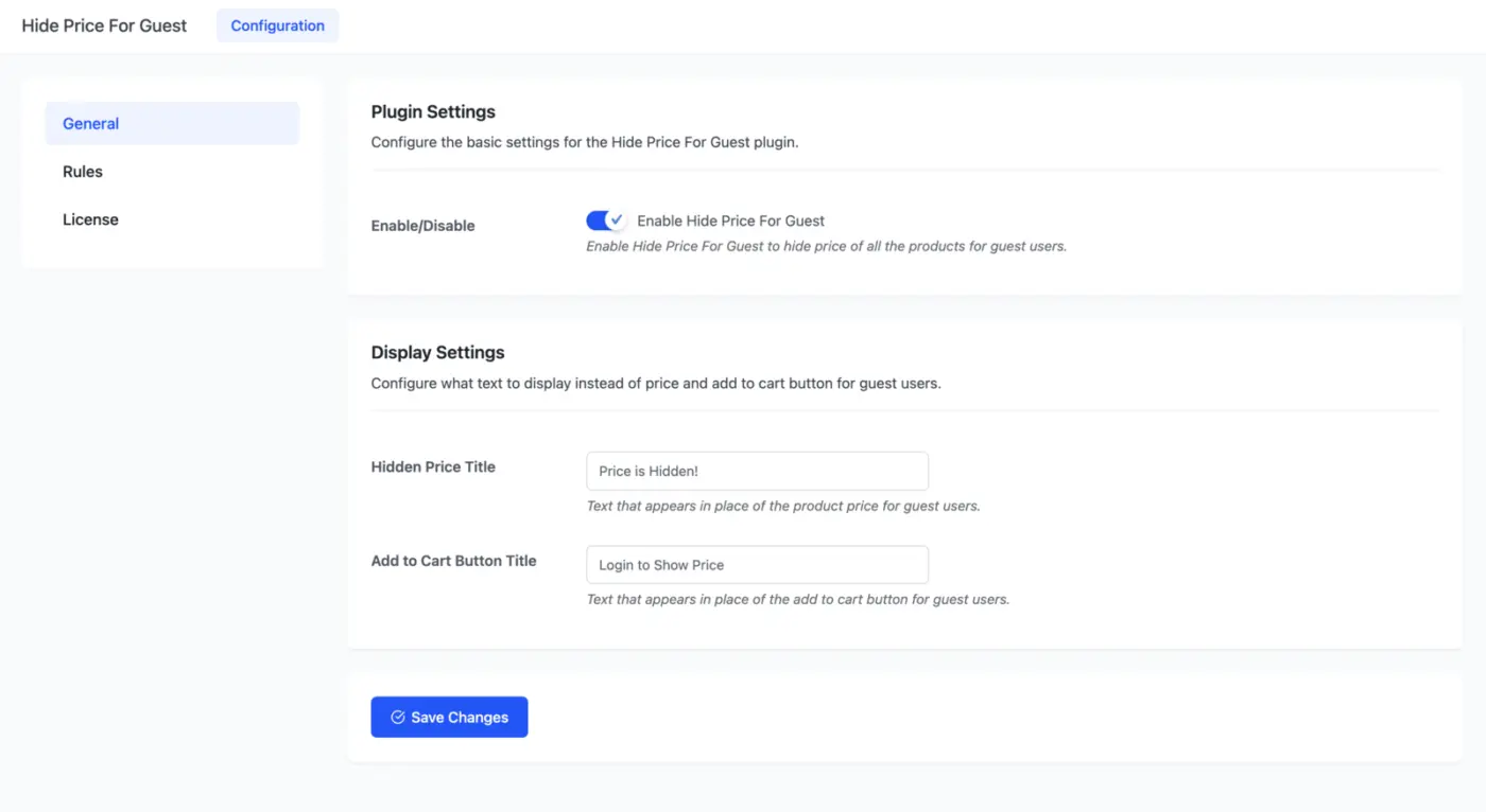 WooCommerce Hide Price For Guest General Configuration Page