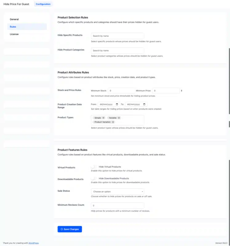 WooCommerce Hide Price For Guest Rules Configuration Page
