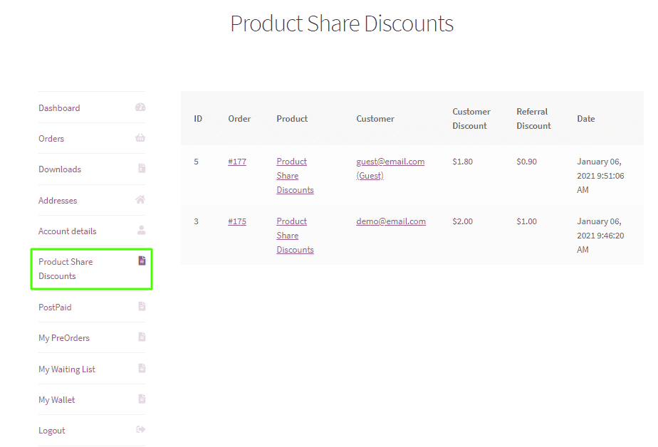 WooCommerce Product Share For Discounts My Accounts menu