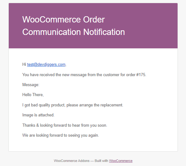 WooCommerce Order Communication email notification