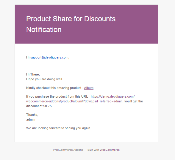 WooCommerce Product Share For Discounts email notification