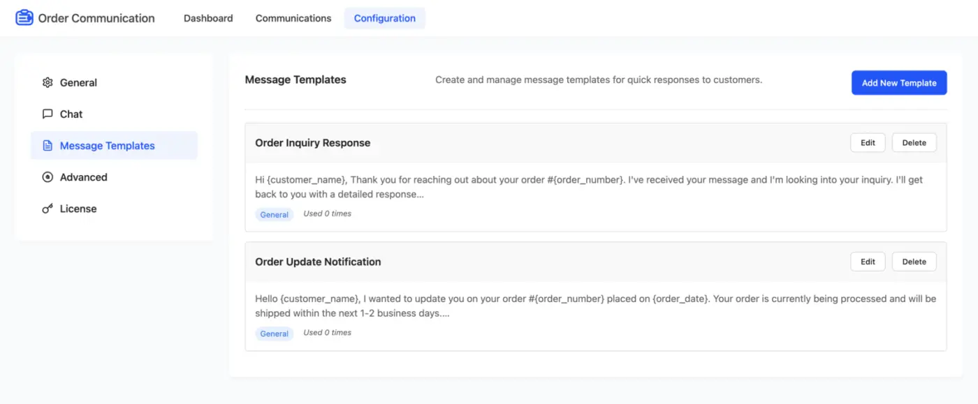 WooCommerce Order Communication Message Templates Configuration