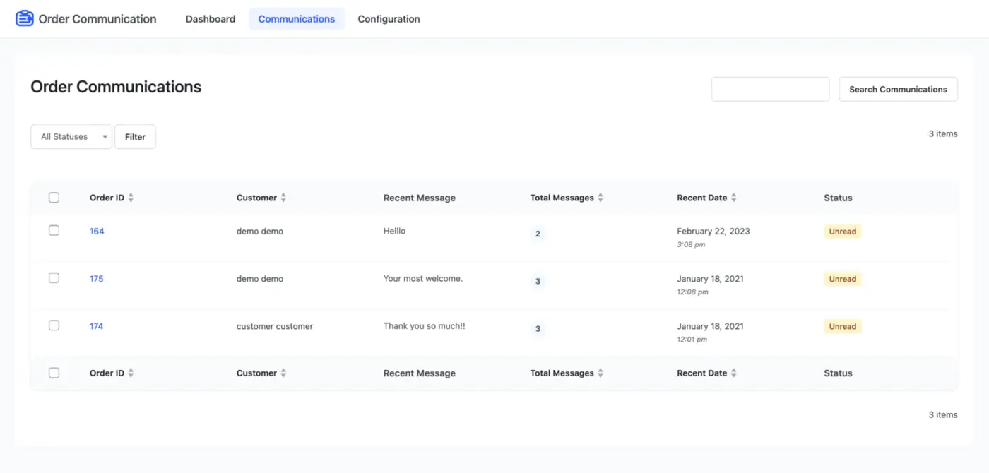 WooCommerce Order Communications