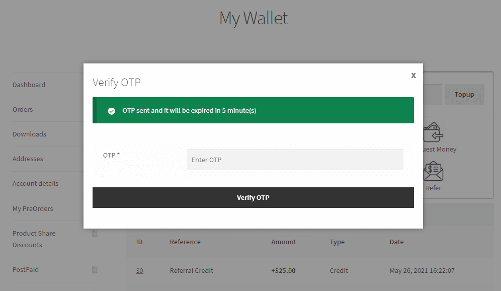 Wallet OTP Verification popup