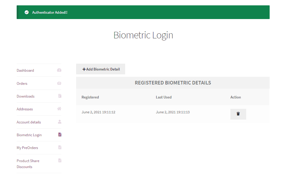 WooCommerce Biometric Login authenticated added