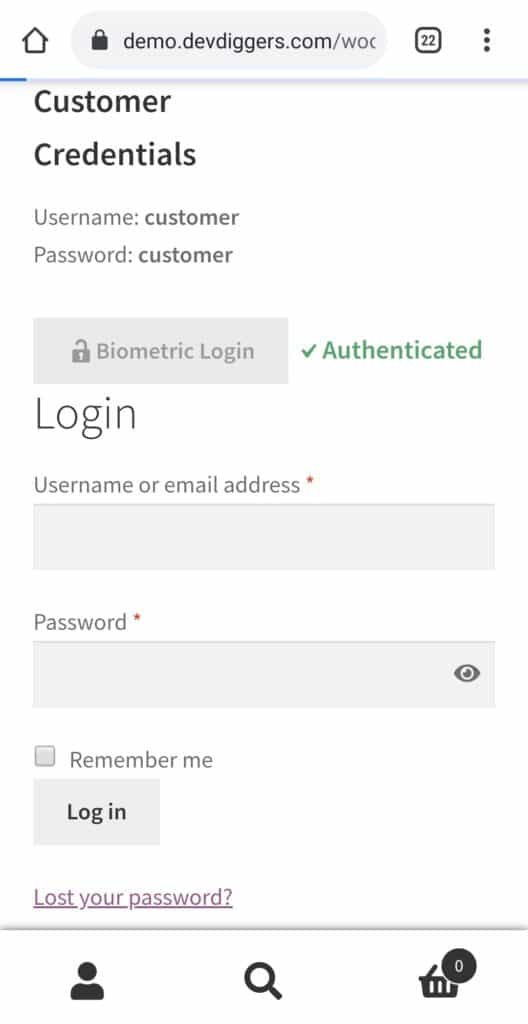 WooCommerce Biometric Login authenticated