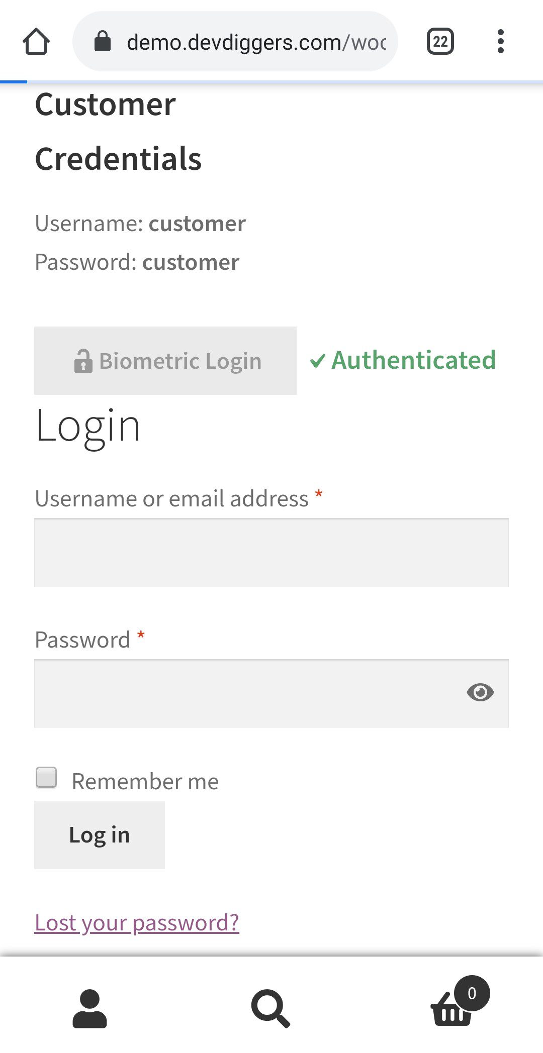 WooCommerce Biometric Login authenticated