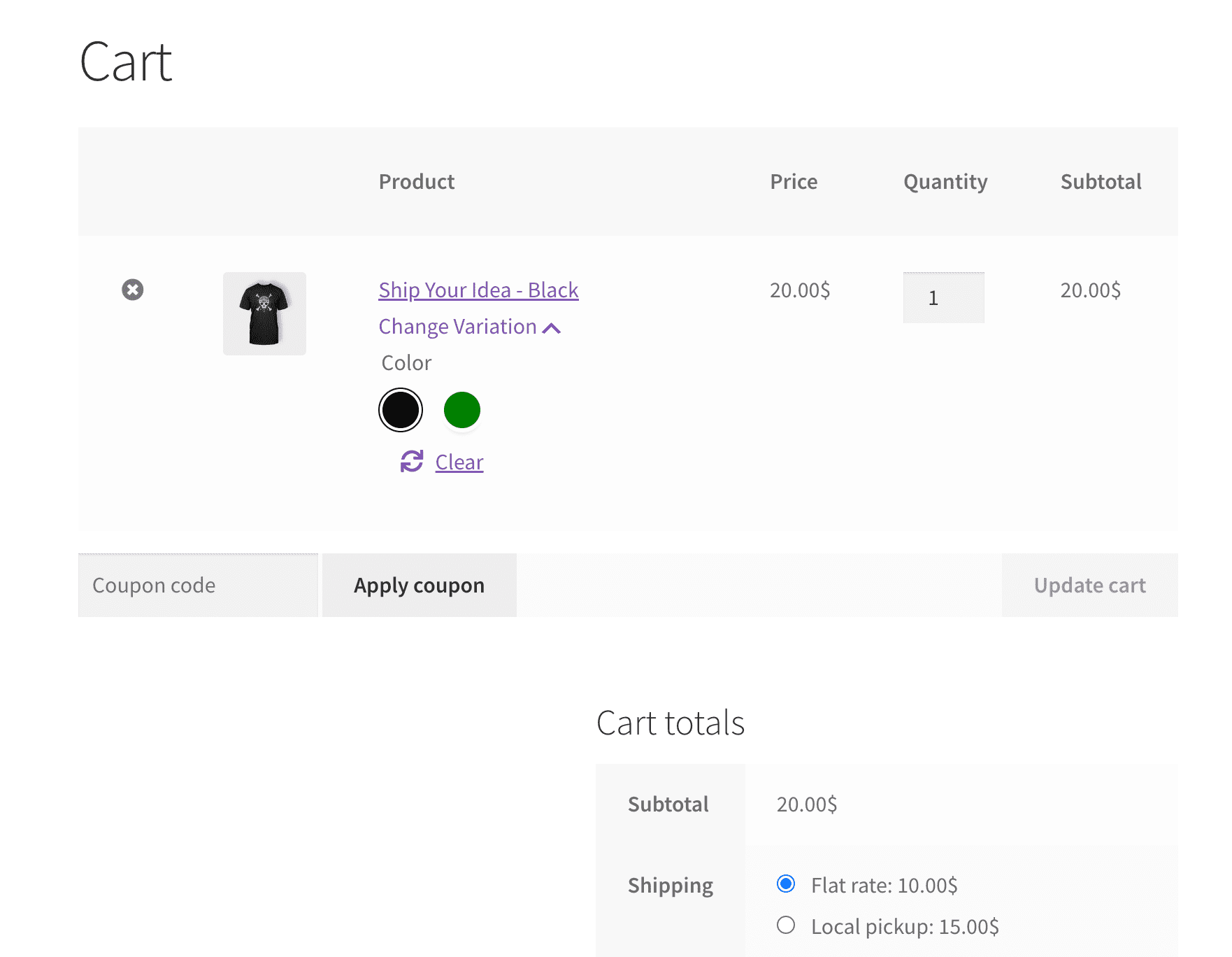 WooCommerce Cart Variation Switcher cart page with variation swatches