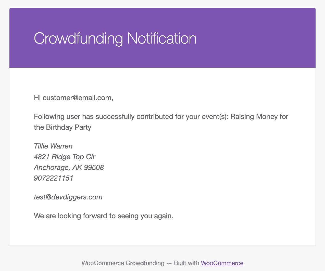 WooCommerce Crowdfunding contribution completed email