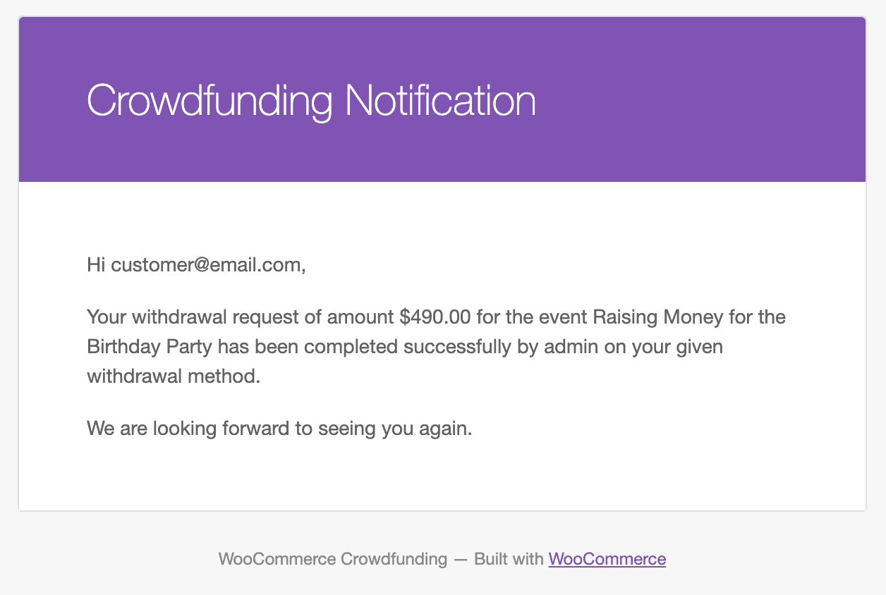 WooCommerce Crowdfunding withdrawal request completion email
