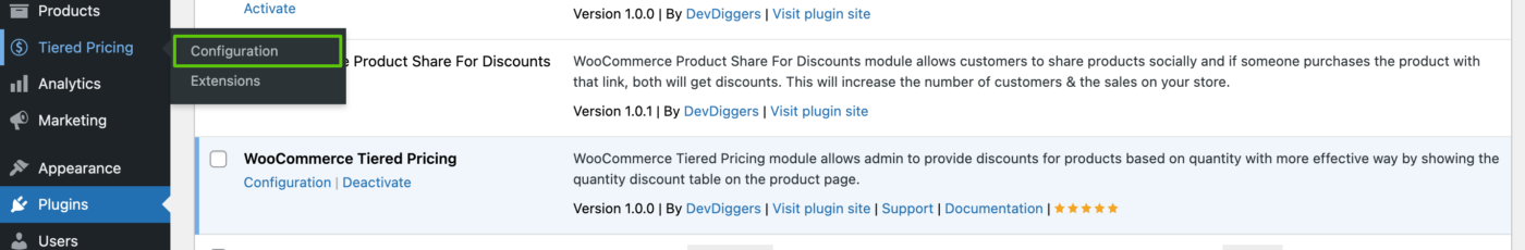 Configuration hover from plugins menu