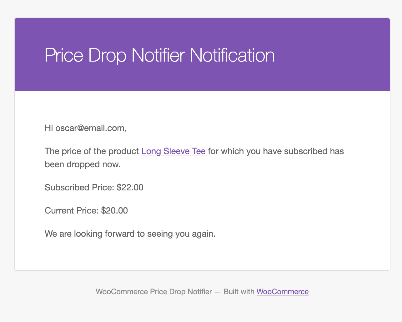 WooCommerce Price Drop Notifier email notification