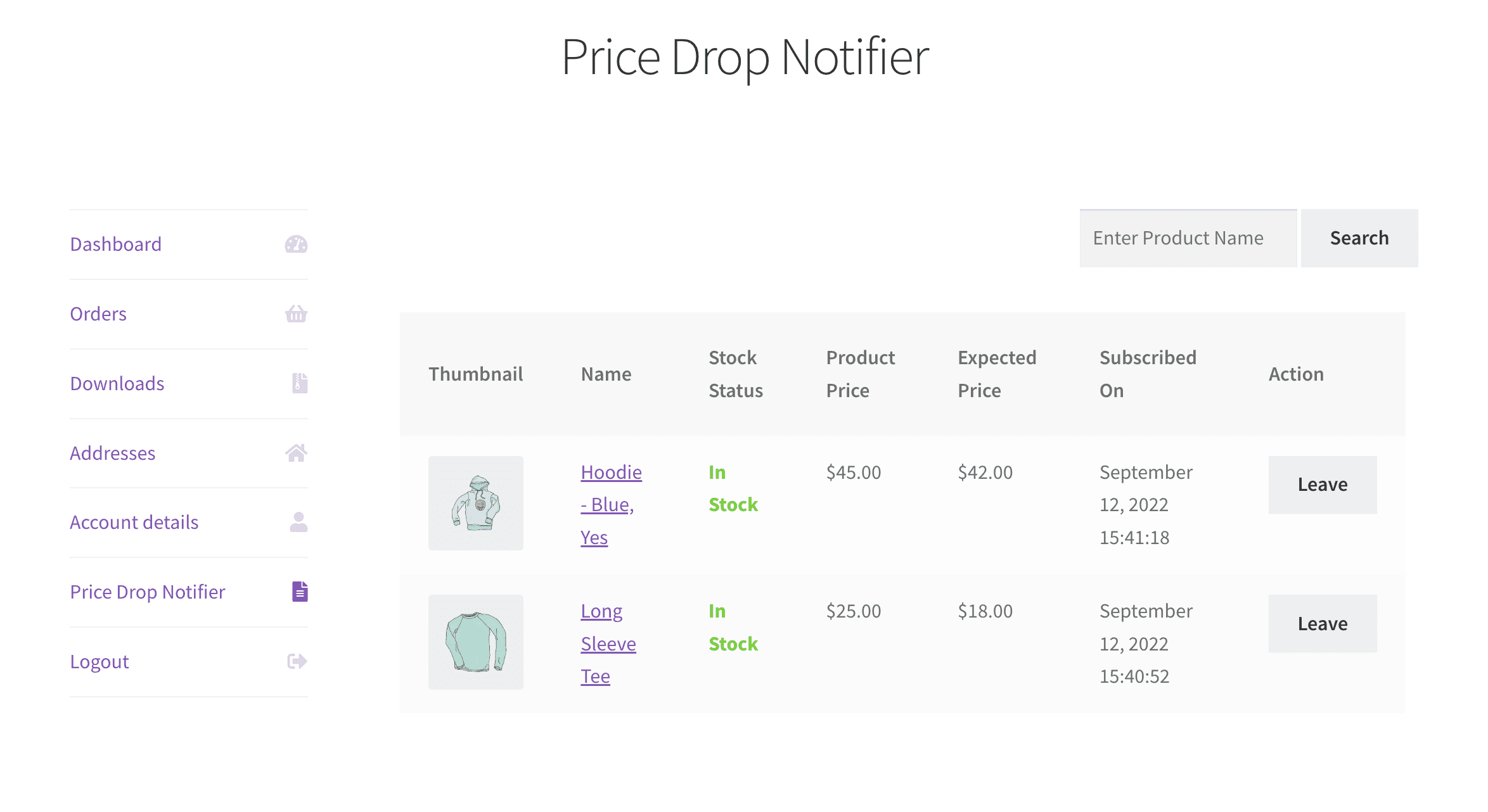 WooCommerce Price Drop Notifier my accounts page