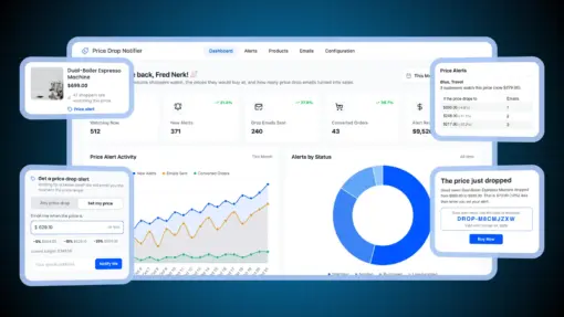 WooCommerce Price Drop Notifier dashboard with alert revenue, a Set my price alert form, the price simulator and a price drop email with a coupon