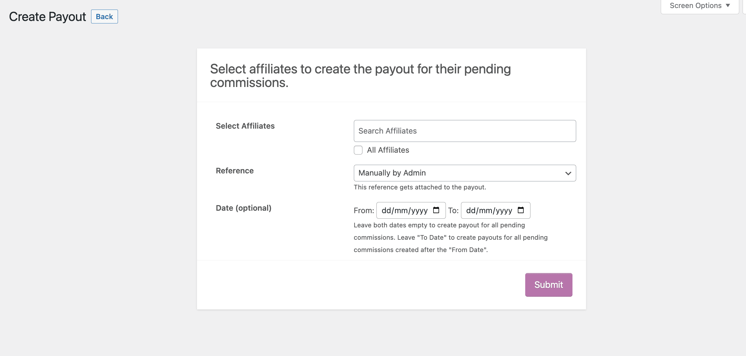 Affiliates for WooCommerce Create Payout Page