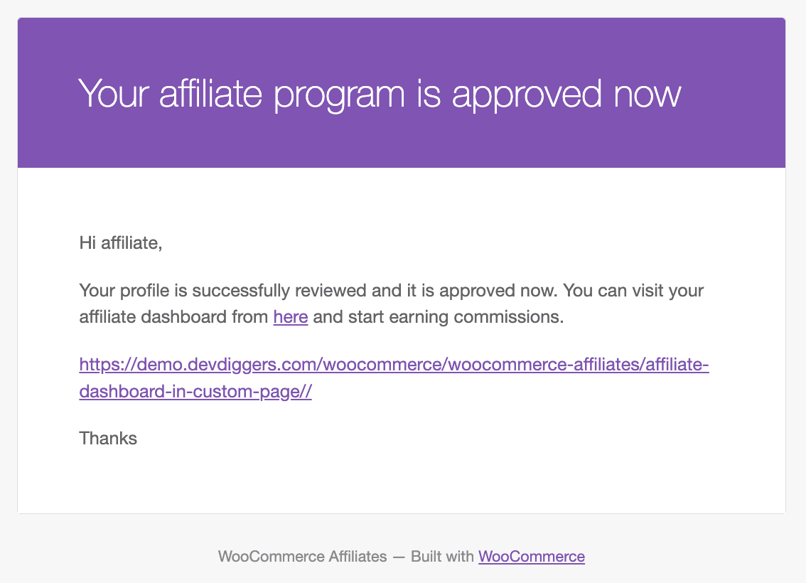 Affiliates for WooCommerce Approved Email Notification