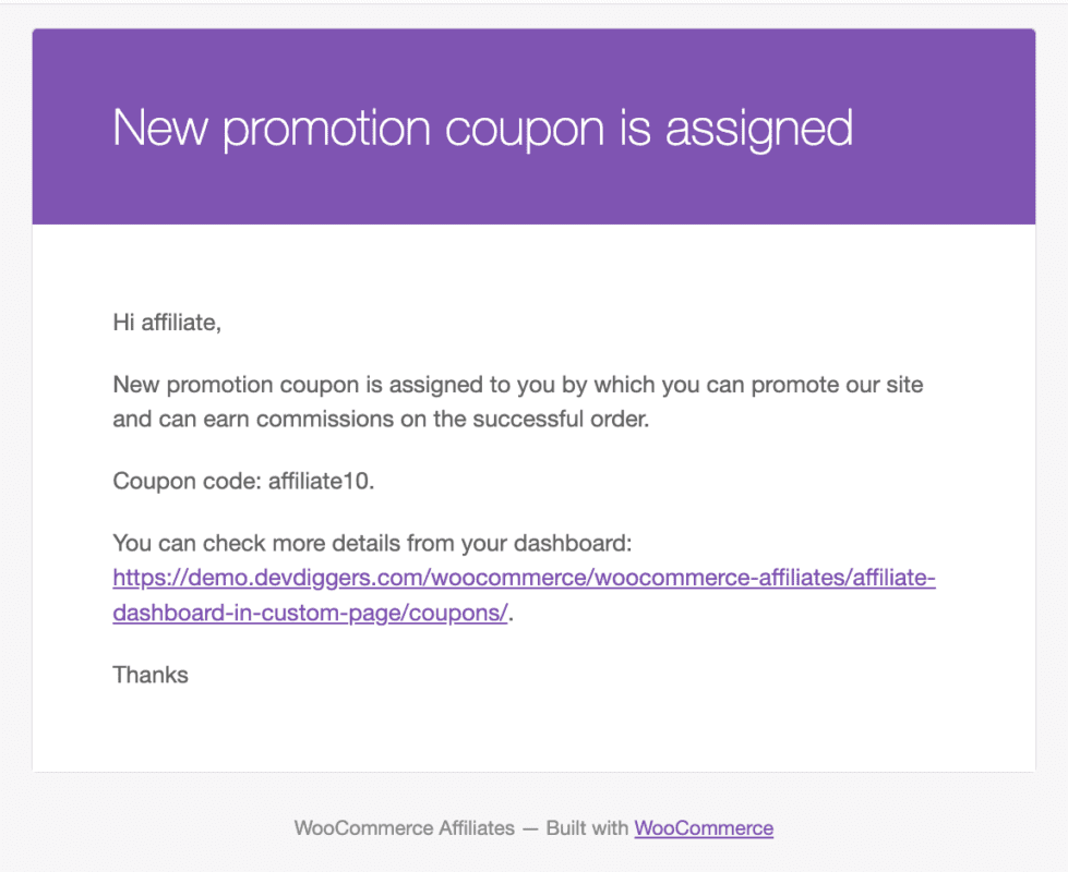 Affiliates for WooCommerce Assign Coupon Email Notification