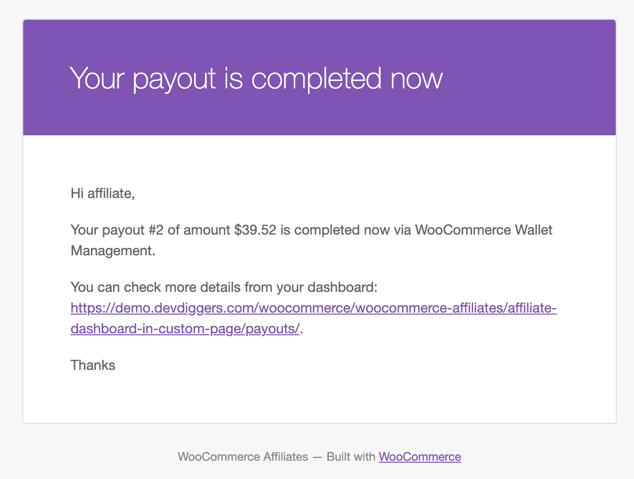 Affiliates for WooCommerce Payout Completed Email Notification