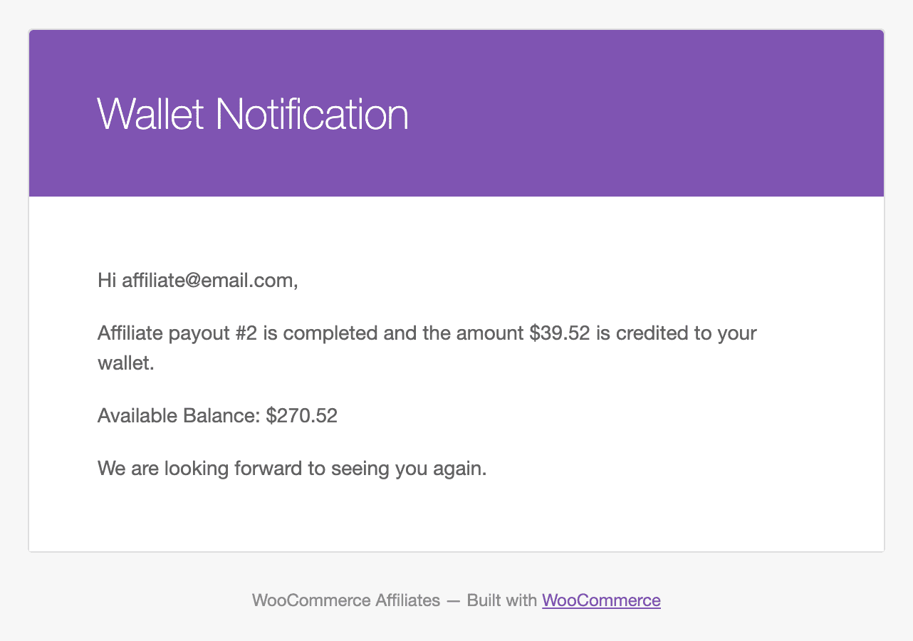 Affiliates for WooCommerce Payout Wallet Email Notification