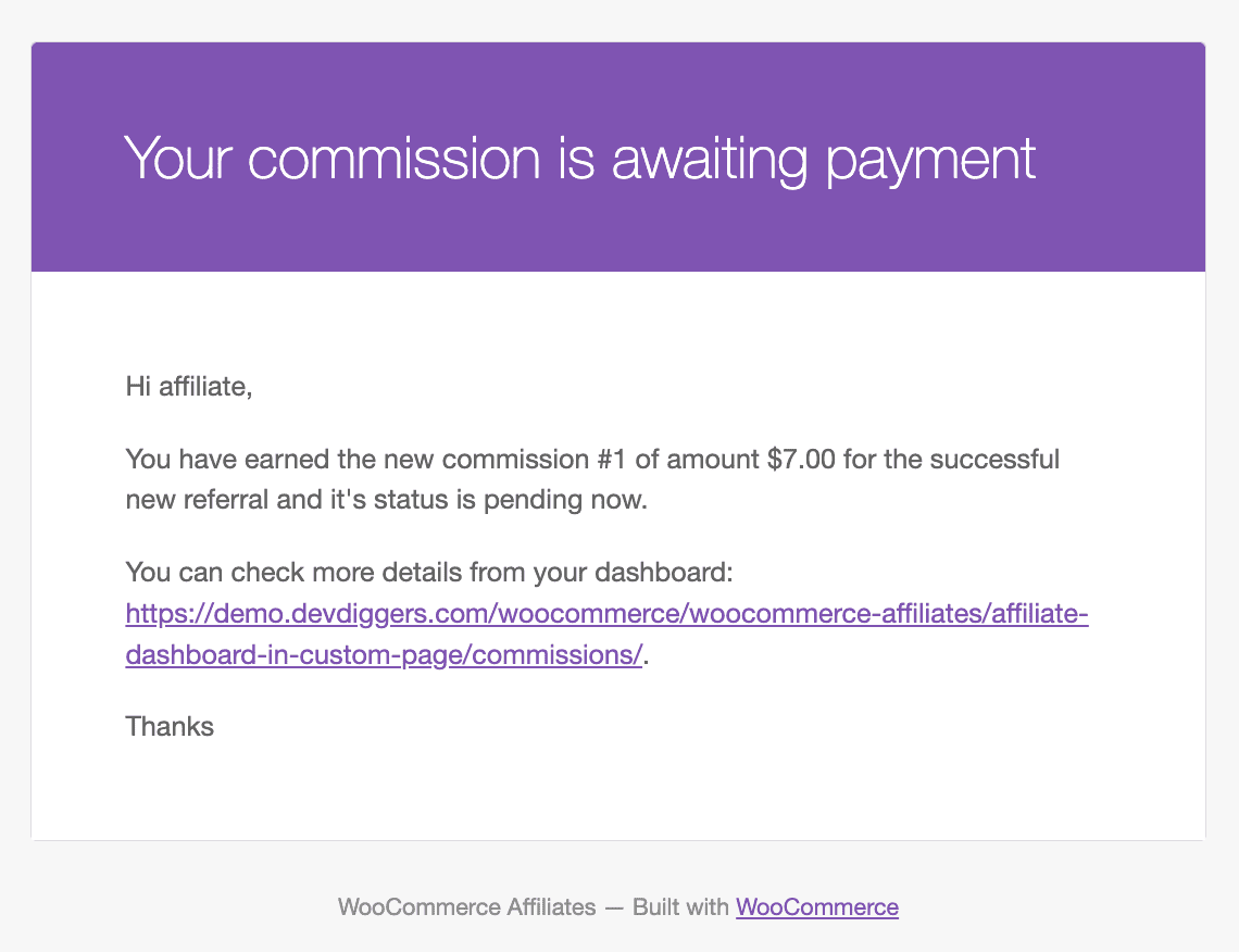 Affiliates for WooCommerce Commission Pending Email Notification