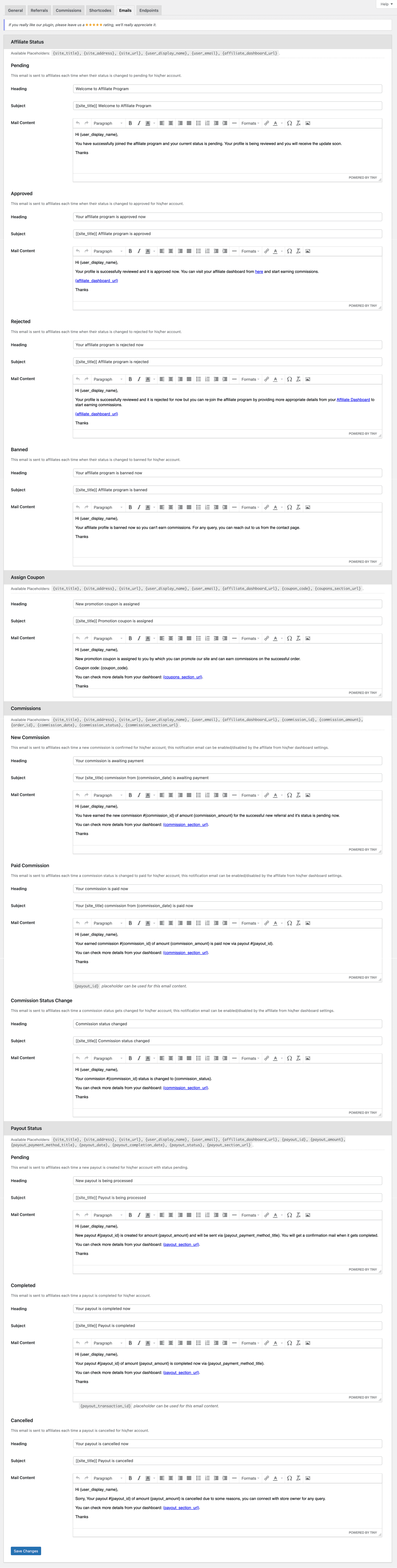 Emails Configuration Page