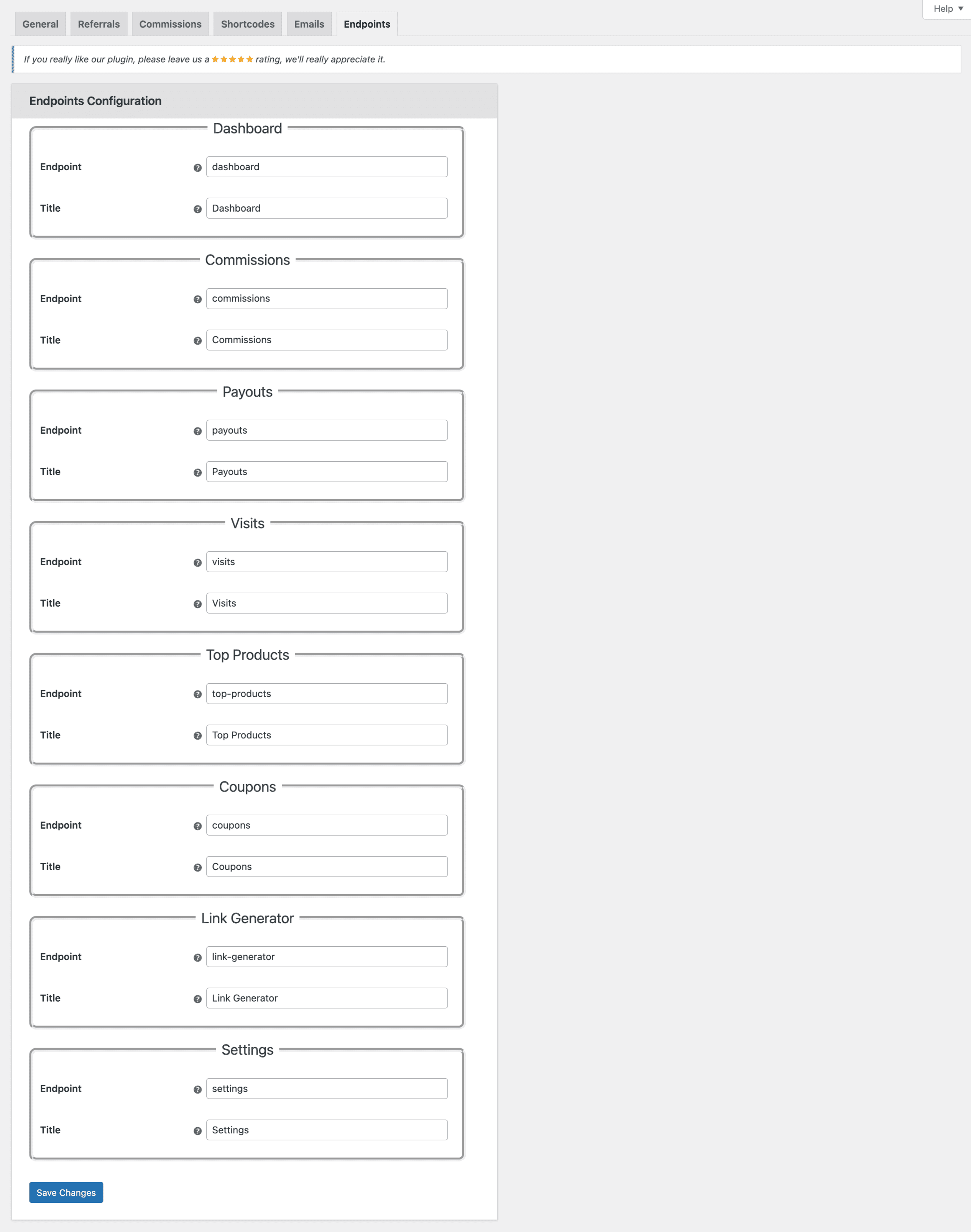 Endpoints Configuration Page