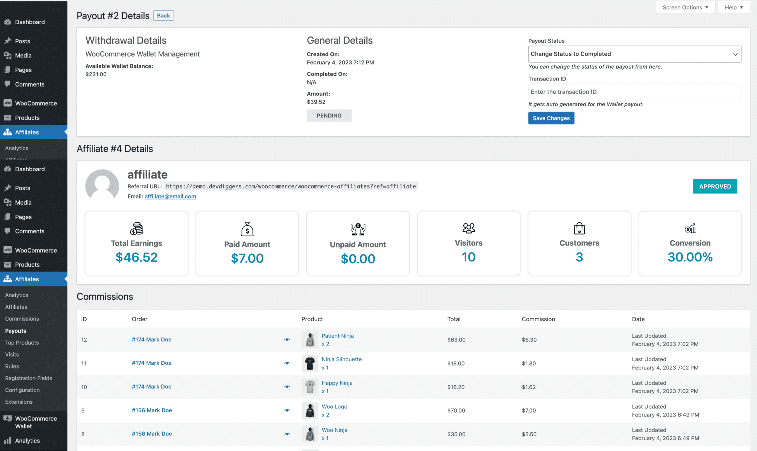 Affiliates for WooCommerce Payout Details Page