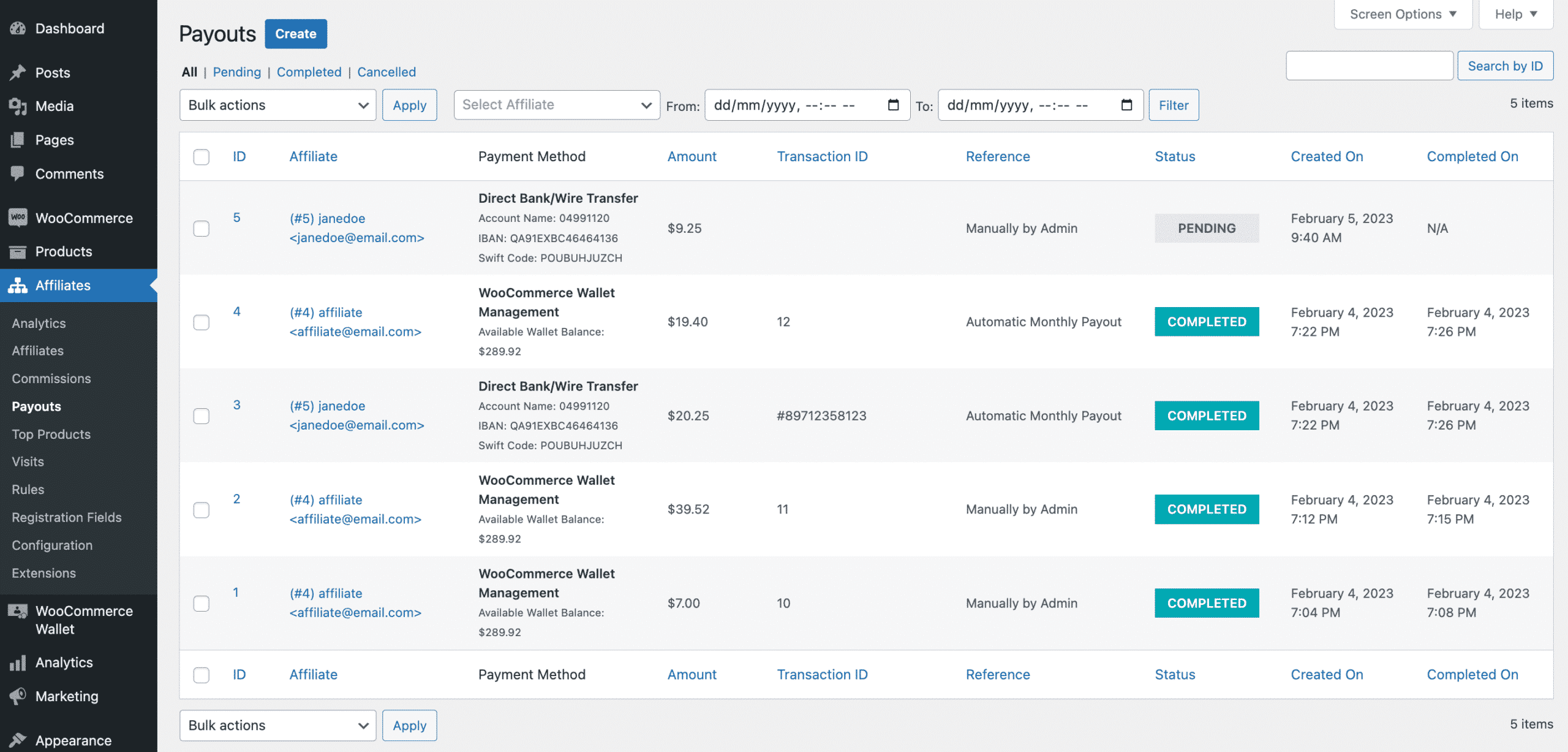 Affiliates for WooCommerce Payouts List Page