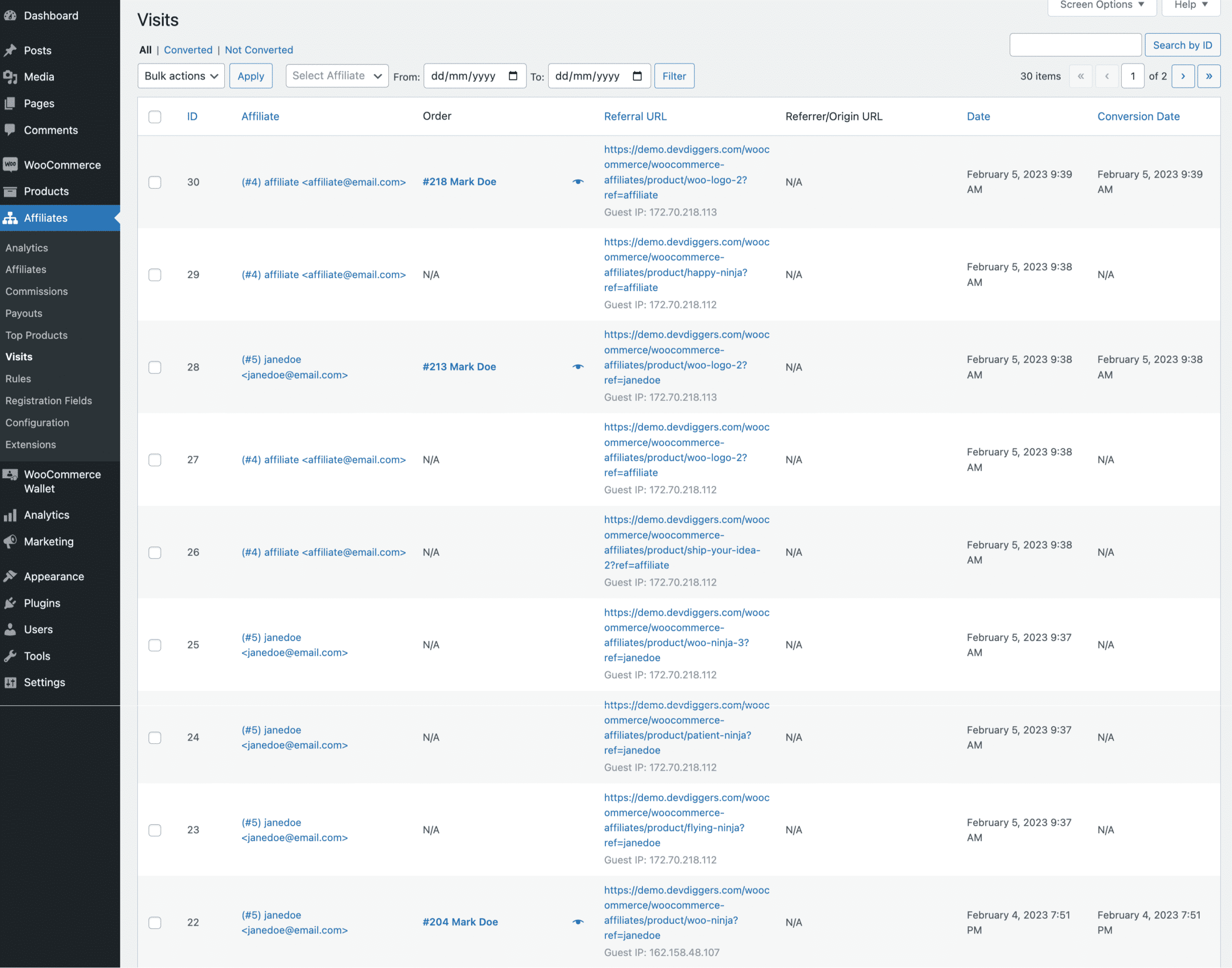 Visits List Page