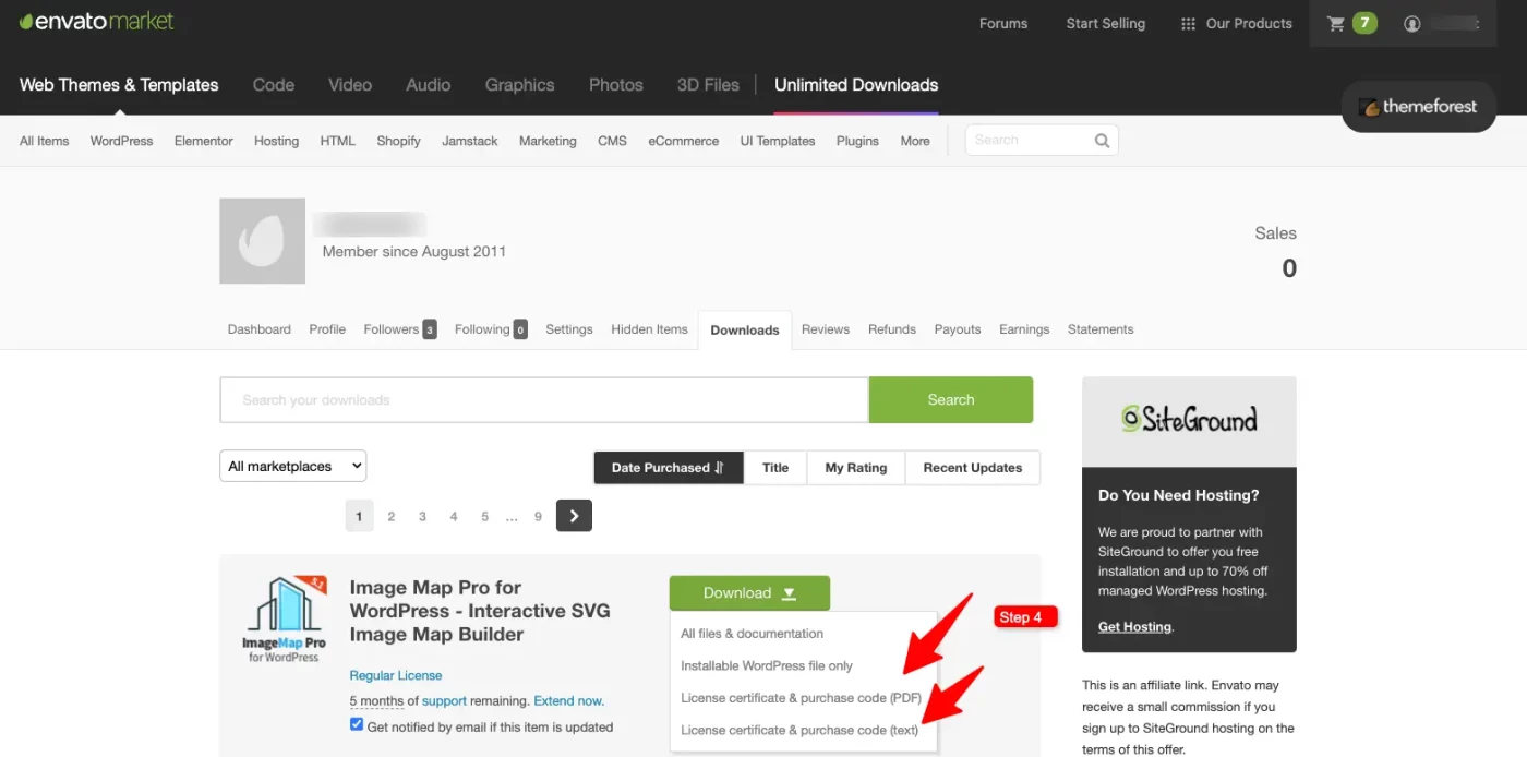 CodeCanyon license certificate & purchase code dropdown