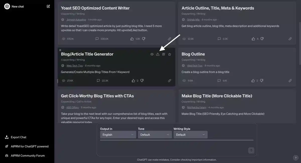 Select Blog/Article Generator Prompt in AIPRM for SEO