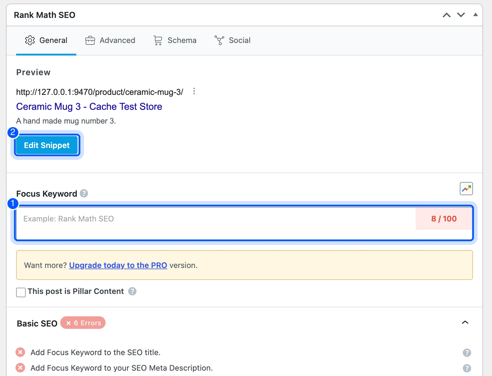 Rank Math SEO box on a WooCommerce product page