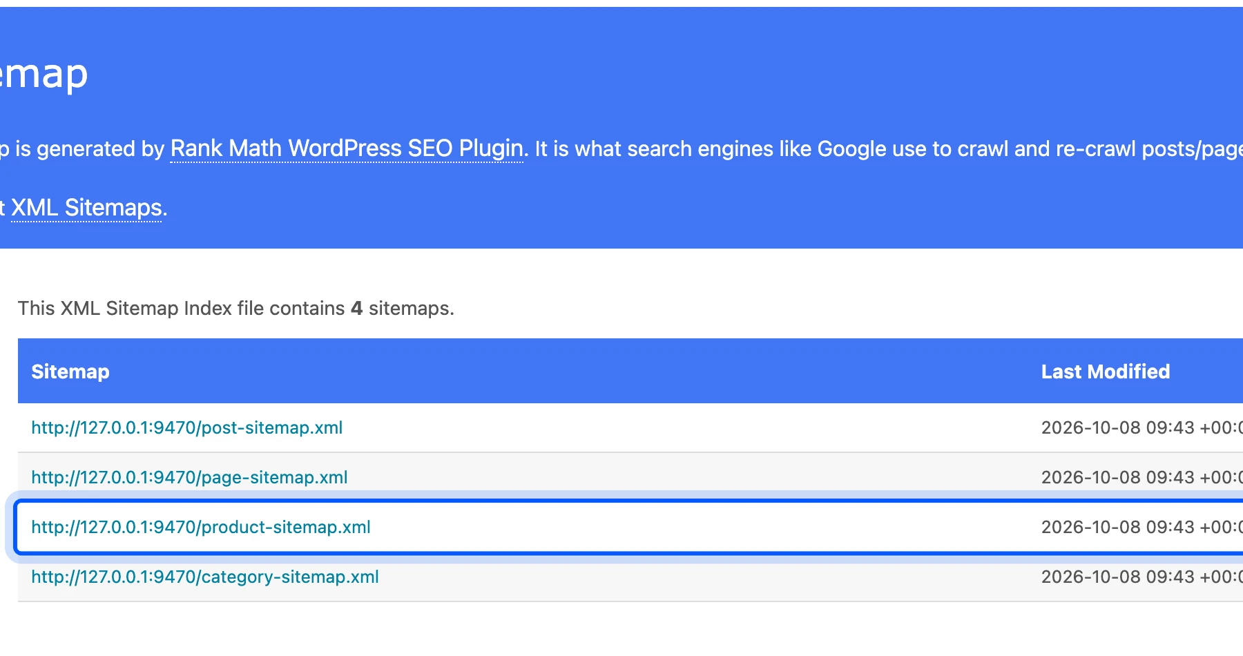 Rank Math sitemap index listing the product sitemap