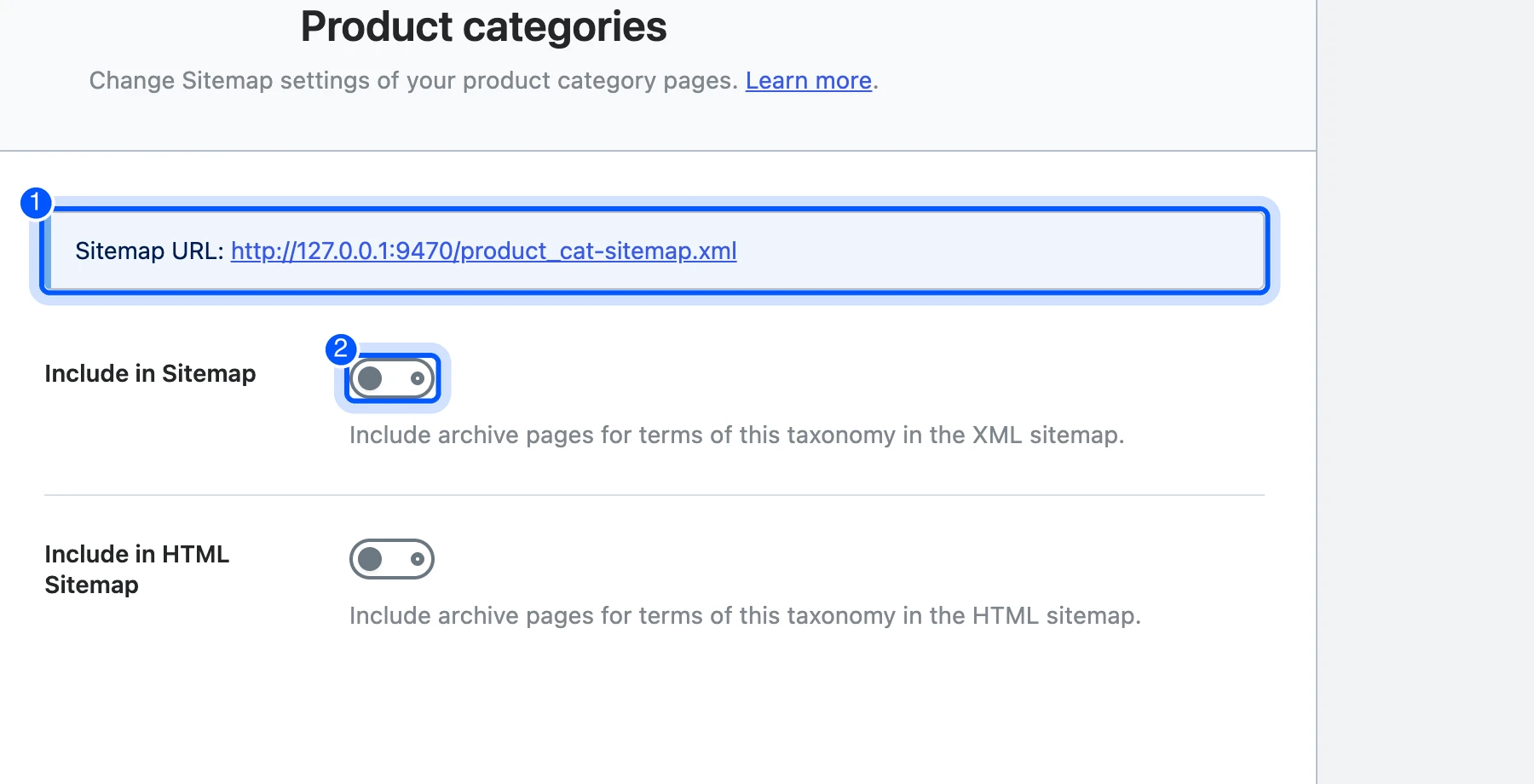 Rank Math sitemap setting for product categories