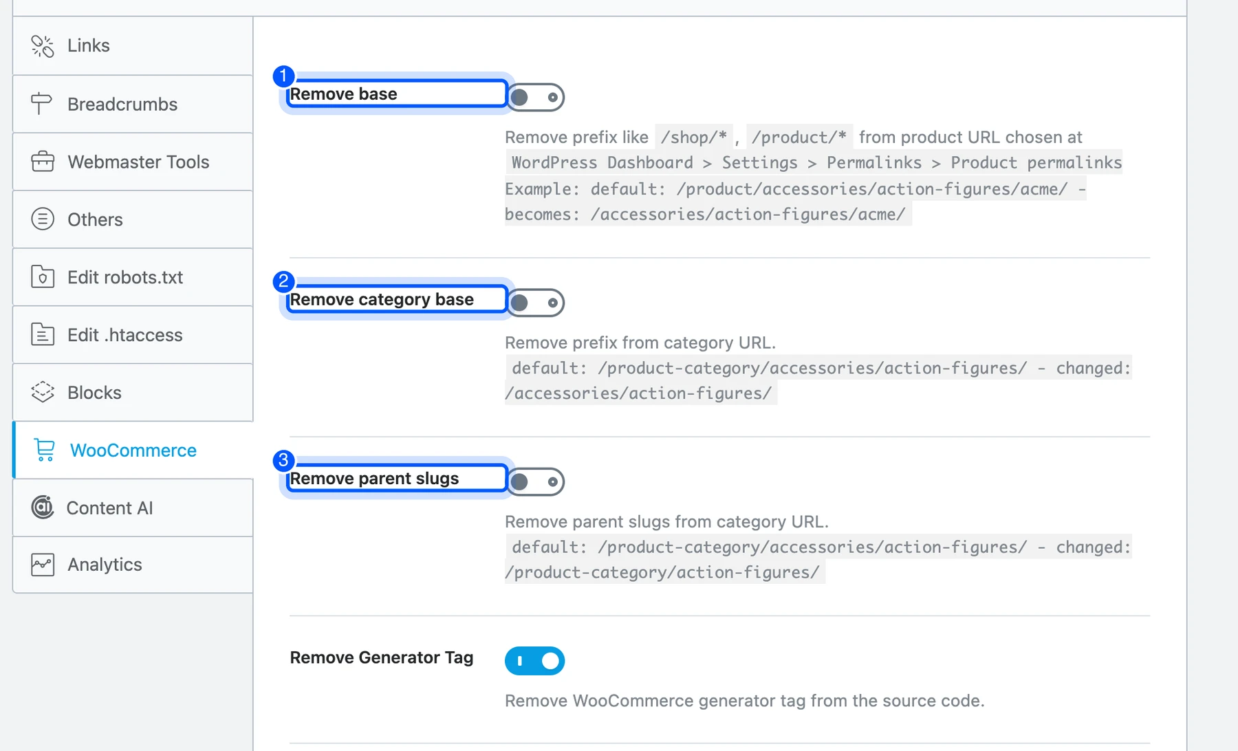 Rank Math WooCommerce settings for product and category URLs