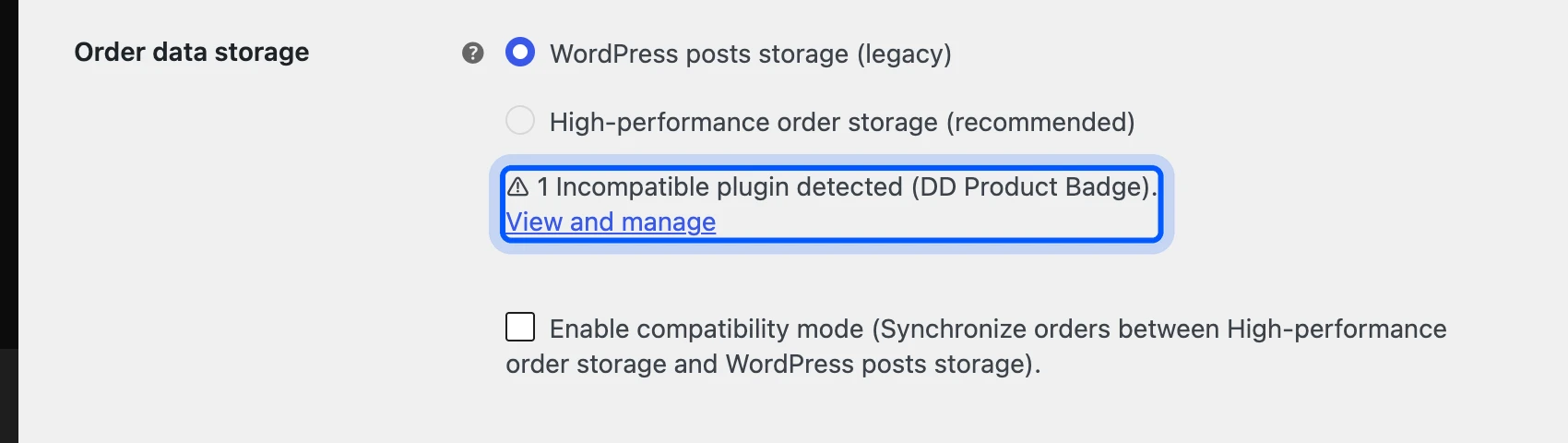 WooCommerce warning about a plugin that is incompatible with HPOS