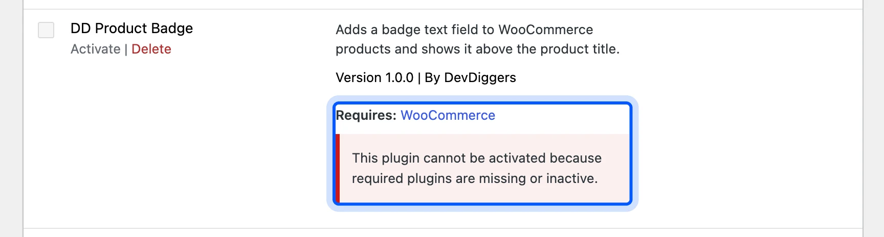 Plugin blocked from activation because WooCommerce is missing