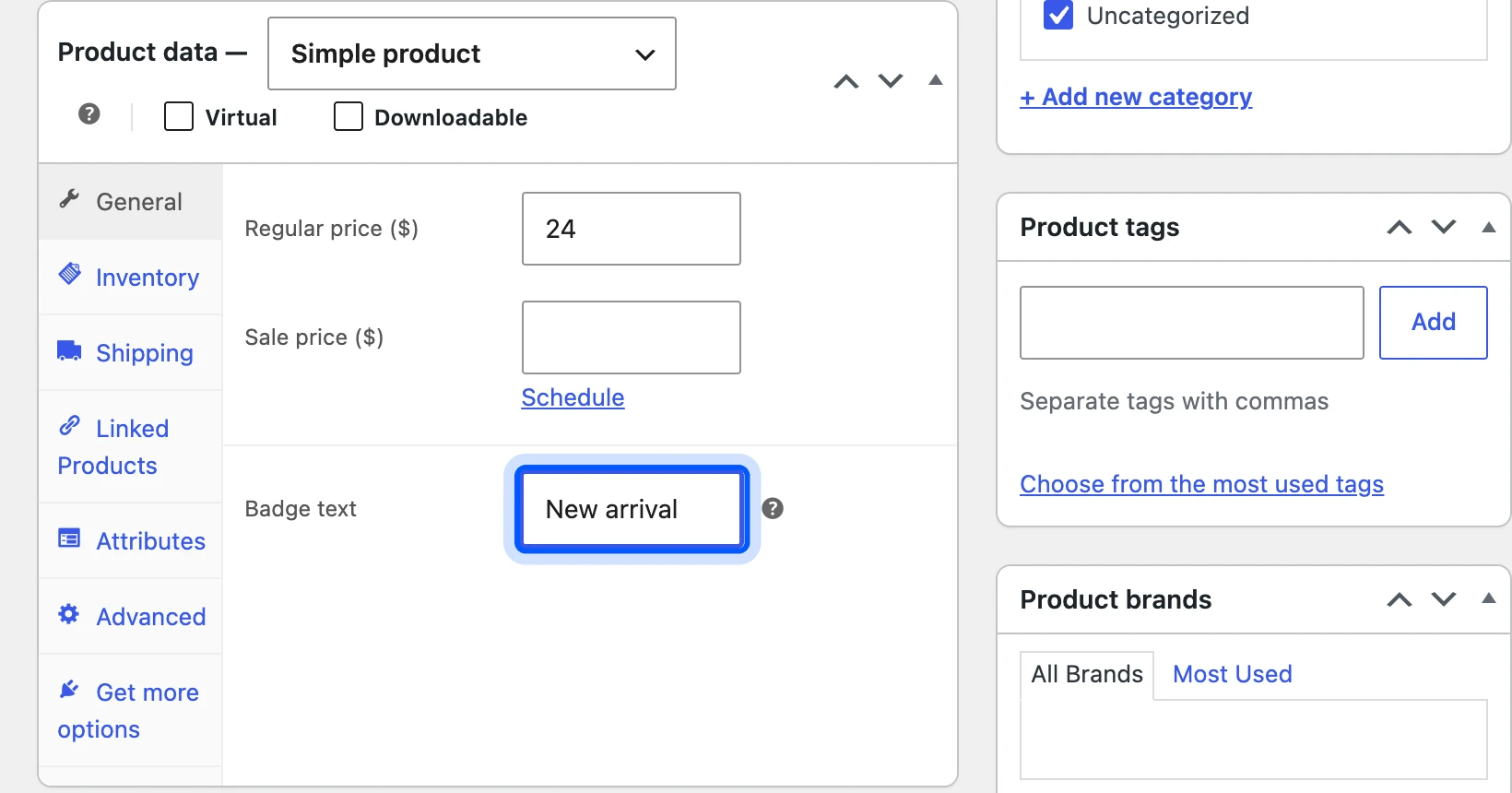 Badge text field in the WooCommerce product data panel