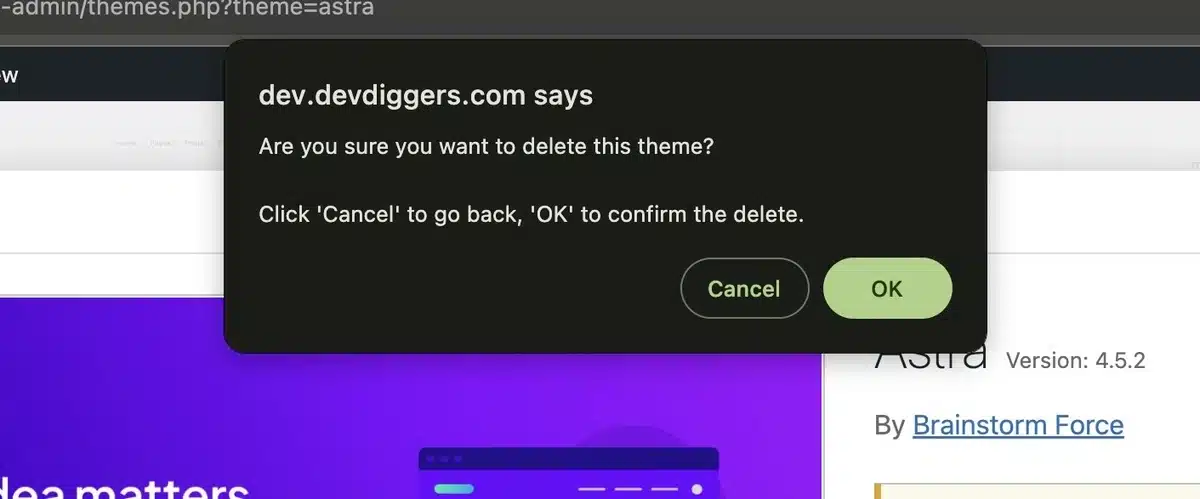 Click OK for confirming to delete the theme