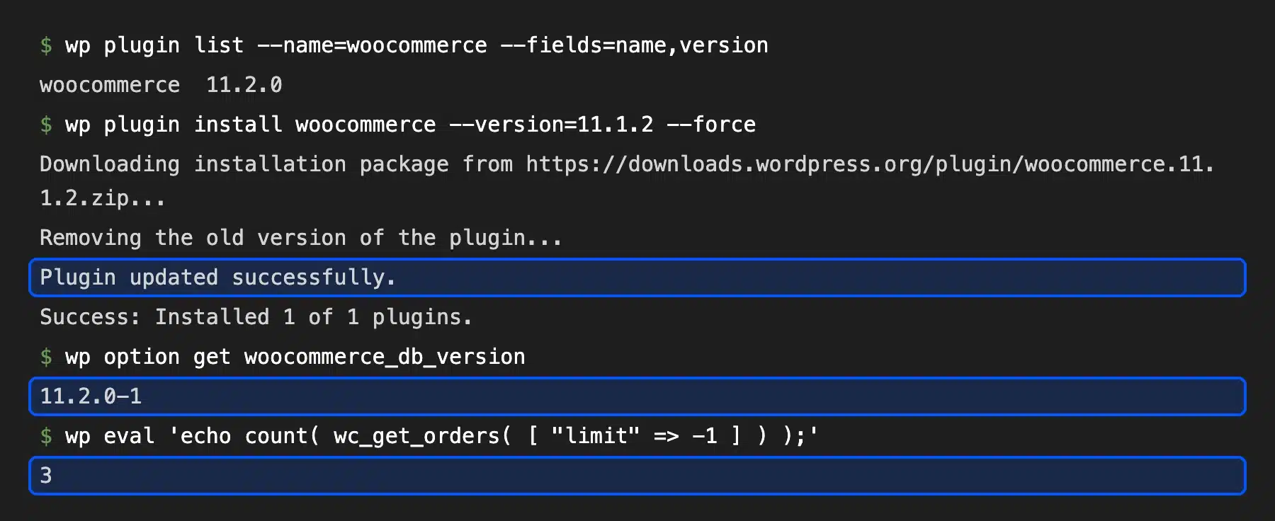 How to downgrade WooCommerce plugin with WP-CLI and the database version that stays behind