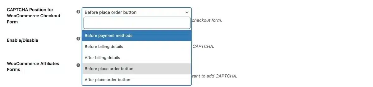 CAPTCHA Position for WooCommerce Checkout Form