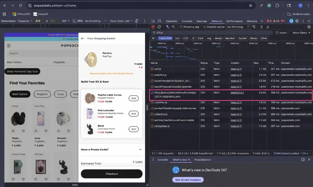 Network tab request that shows a headless store platform