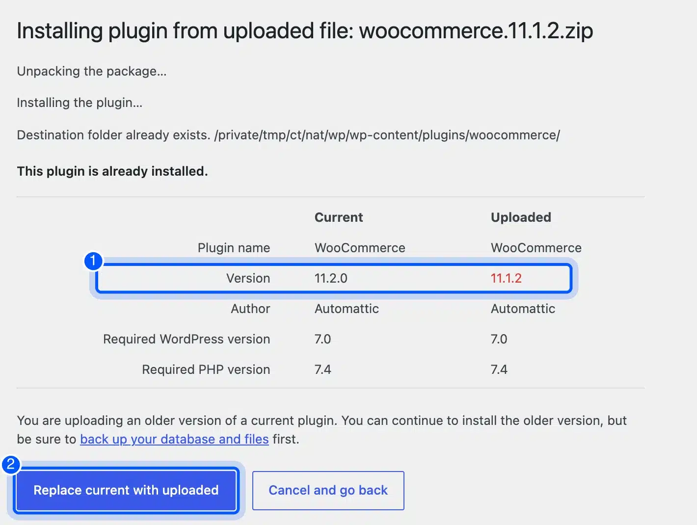 Replace current with uploaded when you downgrade WooCommerce from a ZIP file