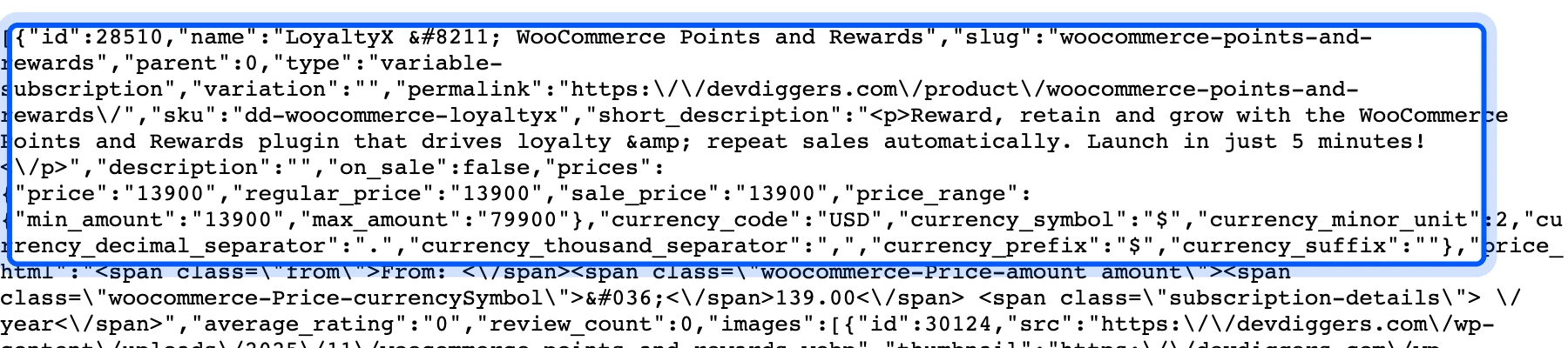 WooCommerce Store API response that shows a WooCommerce store
