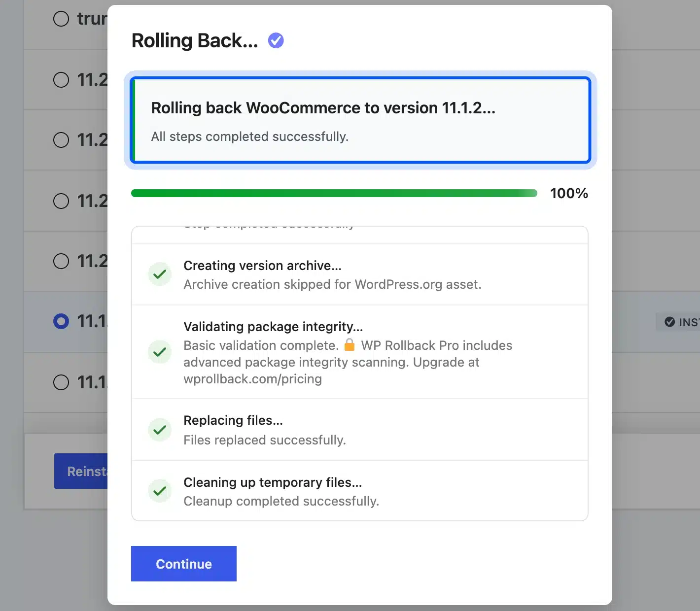 WP Rollback finished rolling back WooCommerce to version 11.1.2