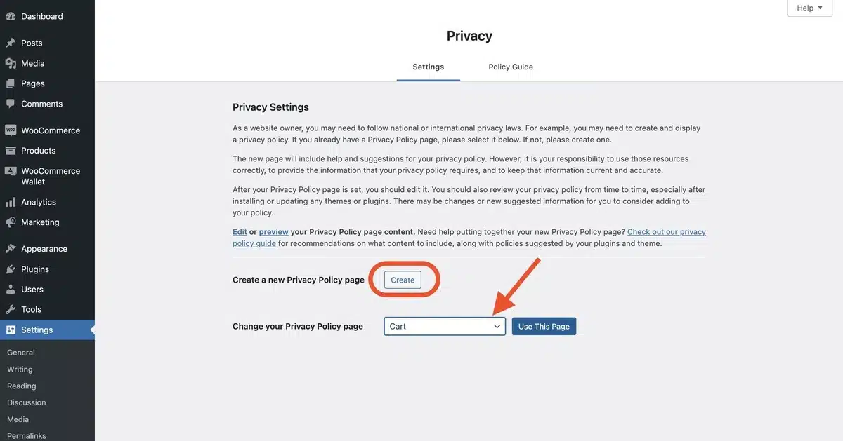 Change your Privacy Policy page