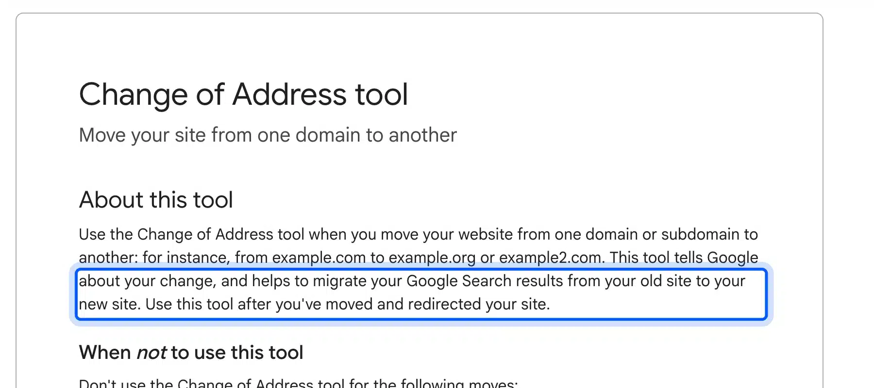 Google Search Console Change of Address tool help page