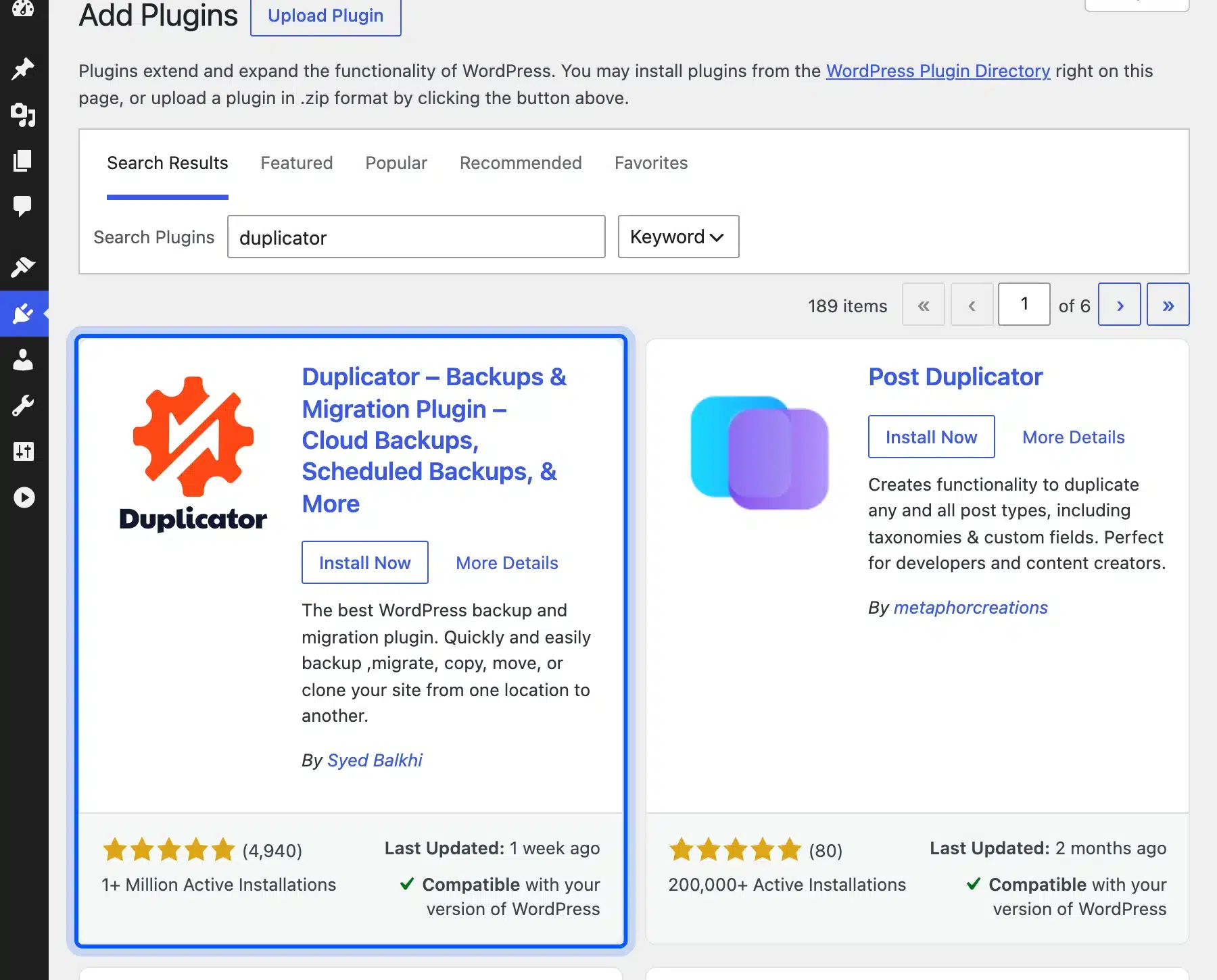 Duplicator in the WordPress Add Plugins search results