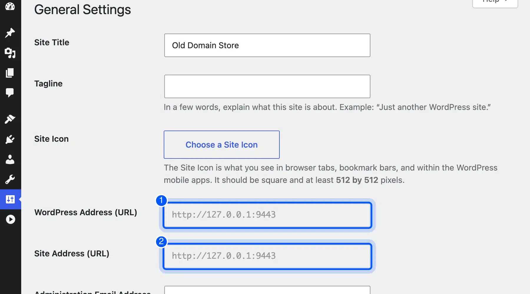 WordPress Address and Site Address fields on the General Settings screen